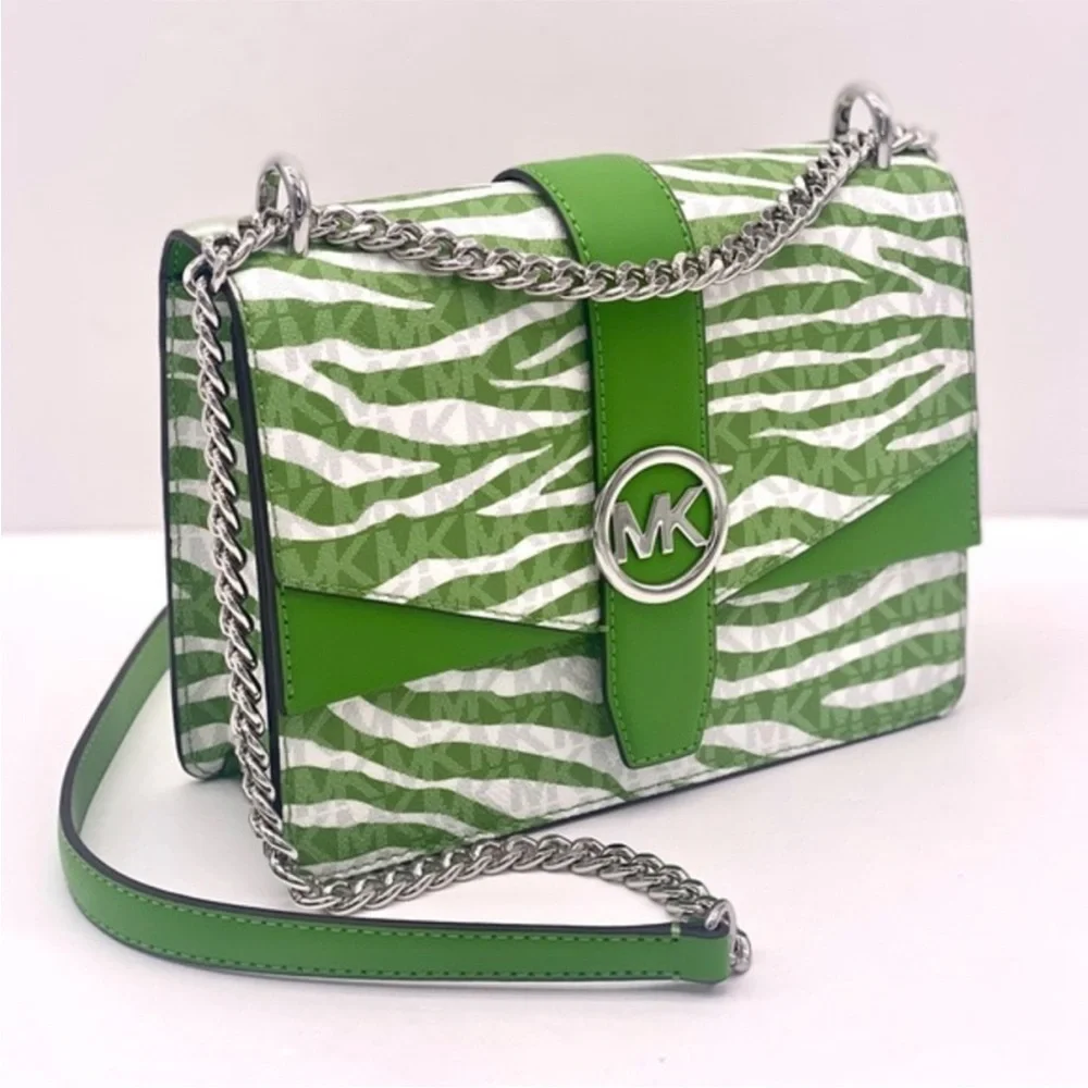 Michael Kors Green Zebra Crossbody Bag with Silver Chain